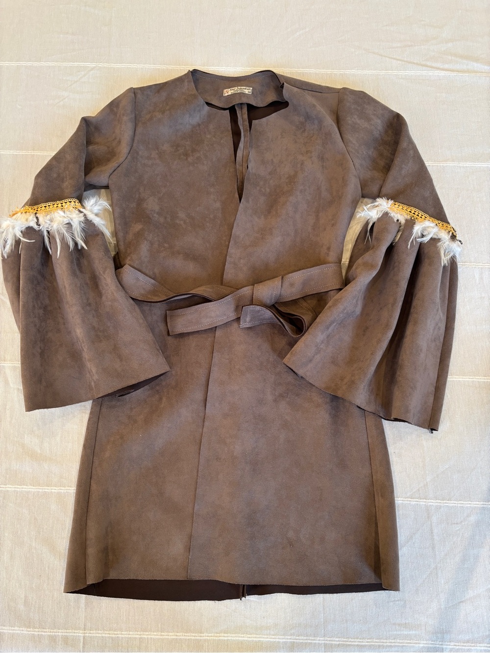 Vintage St. Istanbul Collection Faux Suede Fringe Trim Coat Dress Brown Belted